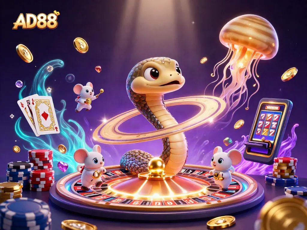 Engage with AD88's thrilling cosmic casino, featuring vibrant characters and dynamic gambling elements.