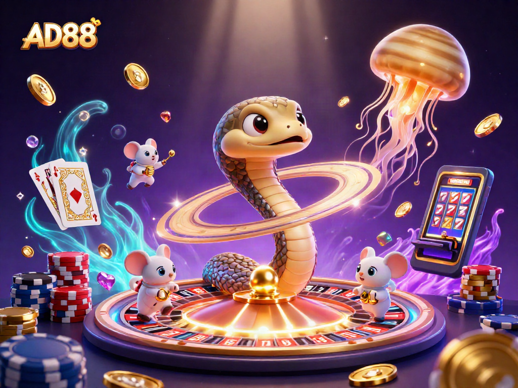 Engage with AD88's thrilling cosmic casino, featuring vibrant characters and dynamic gambling elements.