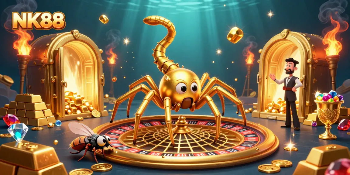 Experience thrilling gameplay at NK88 with a golden spider spinning a roulette web while exciting treasures scatter around!