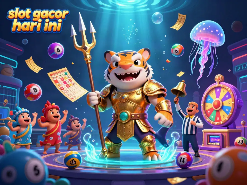 Play slot gacor hari ini with a thrilling underwater scene featuring a tiger shark in armor and vibrant lottery elements.