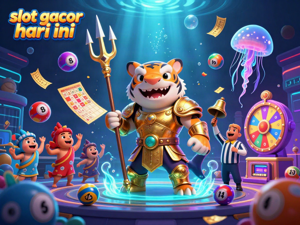 Play slot gacor hari ini with a thrilling underwater scene featuring a tiger shark in armor and vibrant lottery elements.
