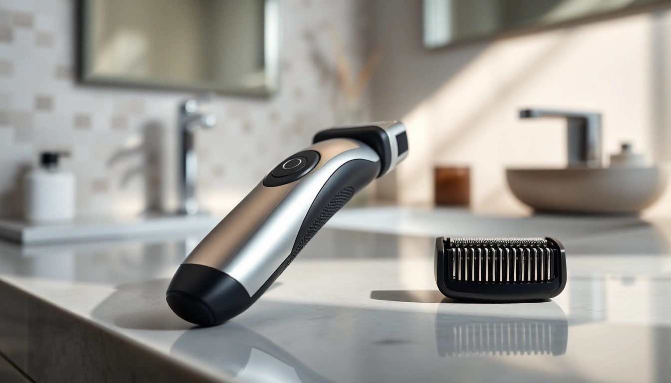 One blade electric shaver displayed on a modern countertop, highlighting its sleek design and functionality.