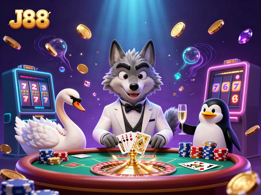 Experience thrilling card games at J88 with a debonair wolf, elegant swan, and sophisticated penguin.