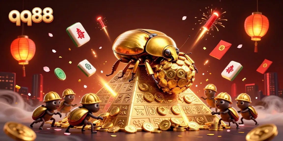 Experience the excitement of qq88 with a cartoon fortune beetle as it rolls golden coins towards luck.