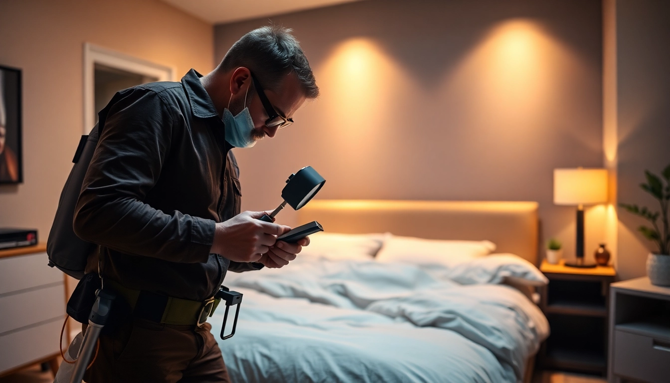 Action-packed scene of bed bug exterminators inspecting a bed for infestations in a professional setting.