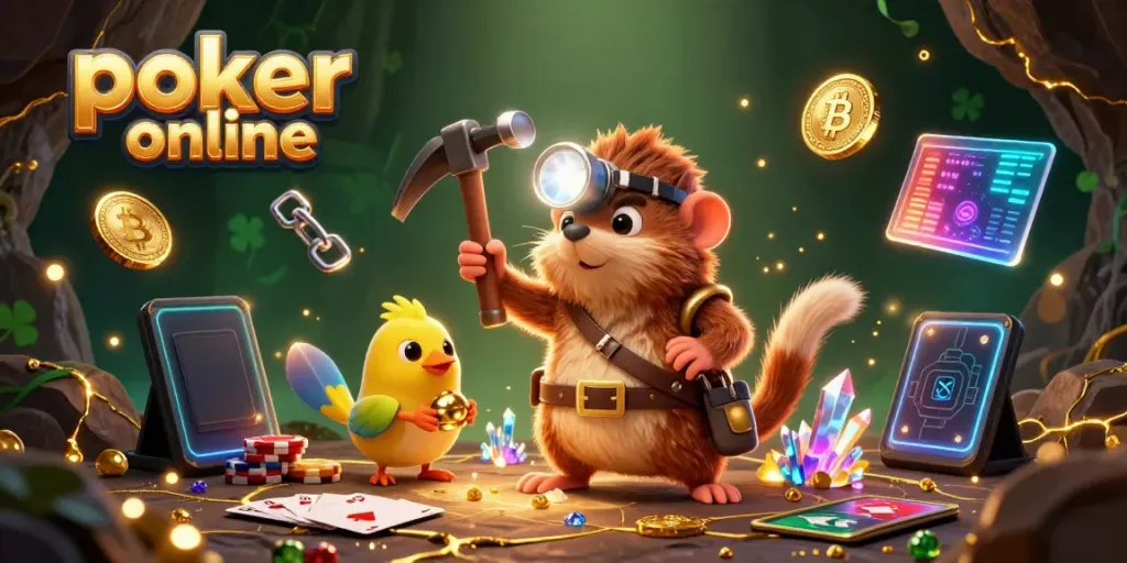 Engage with exciting poker online action through a vibrant 3D scene featuring treasure, characters, and poker elements.