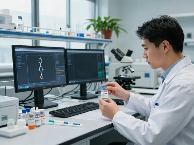 A researcher analyzing aod 9604 peptide in a modern lab setting.