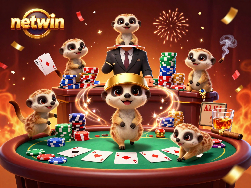 Meerkats running a vibrant casino operation, showcasing netwin-themed elements and an energetic atmosphere.