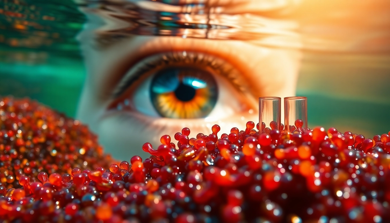 Discover the benefits of astaxanthin for dry eyes in this vibrant image of algae and healthy eyes.