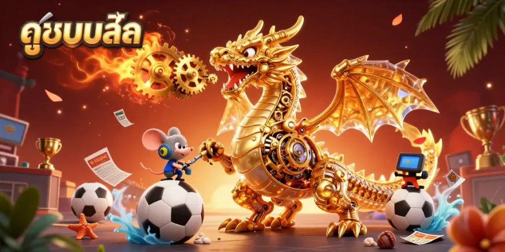Experience thrilling live soccer betting with ดูบอลสด and a golden dragon in a packed stadium atmosphere.