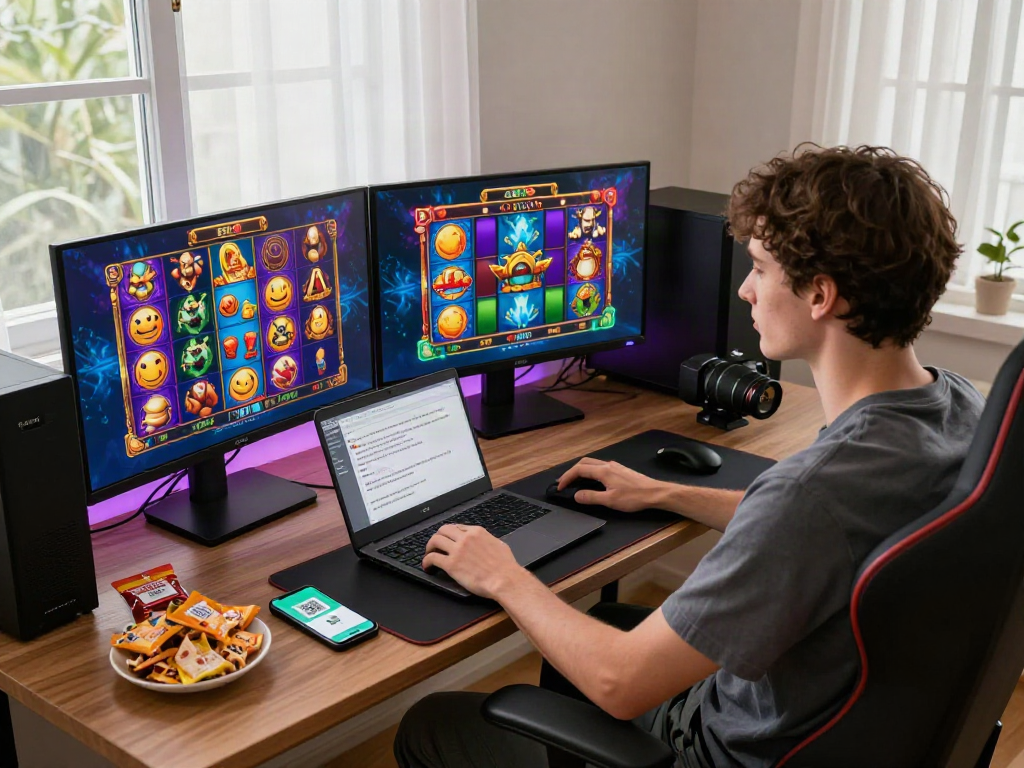 SLOT888 player enjoying a modern gaming experience with slot gacor maxwin on dual screens and QRIS payment app