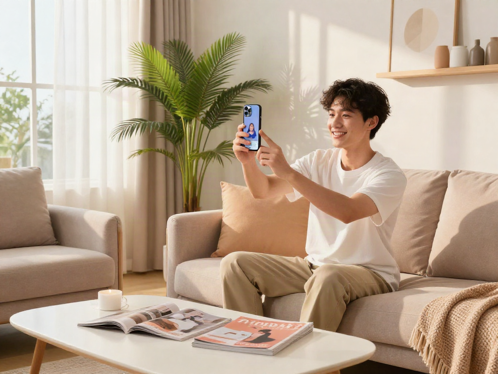 User participating in an attractiveness test app with a smartphone in a modern living room.