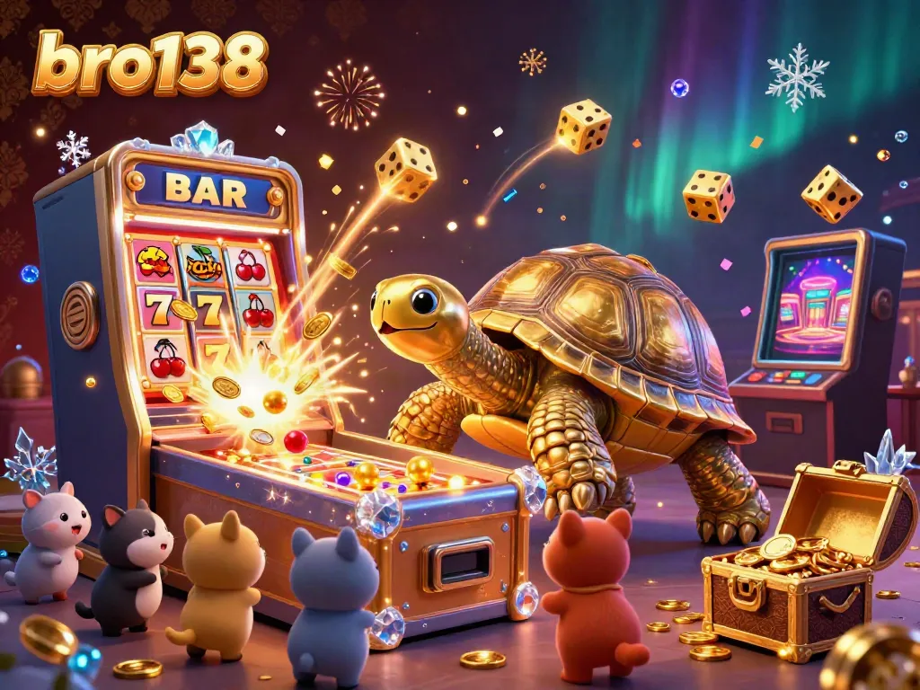 Experience big wins at bro138 with this vibrant casino-themed illustration featuring a tortoise pinball machine.