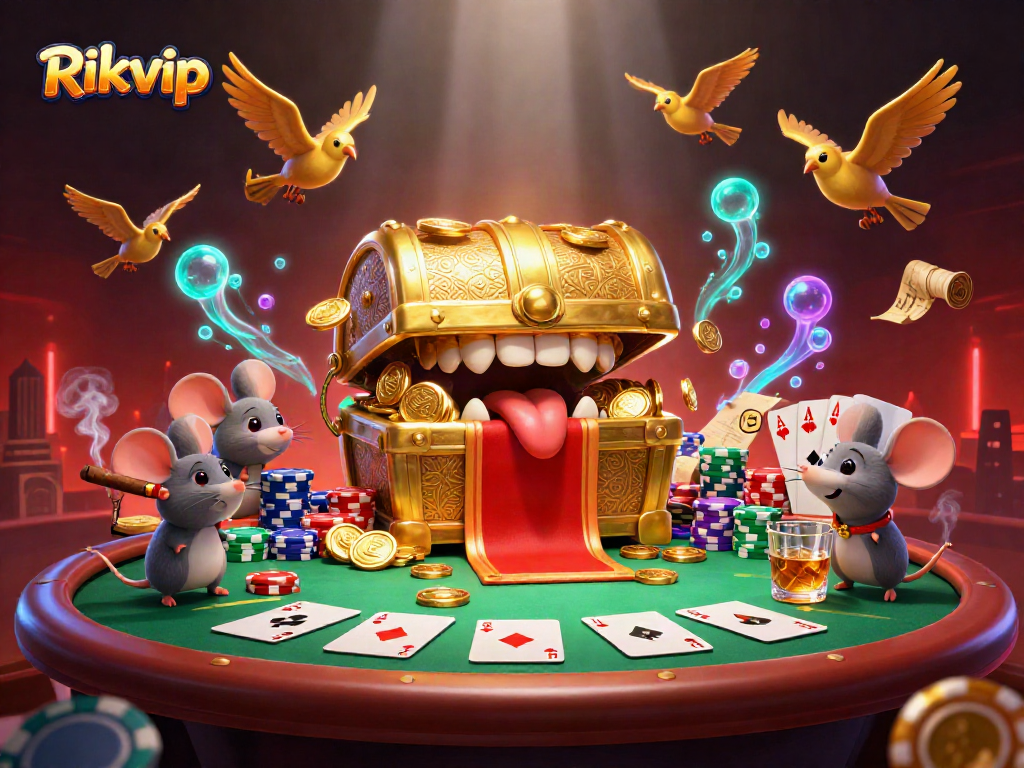 Experience vibrant casino action with Rikvip in this engaging 3D illustration featuring poker elements.