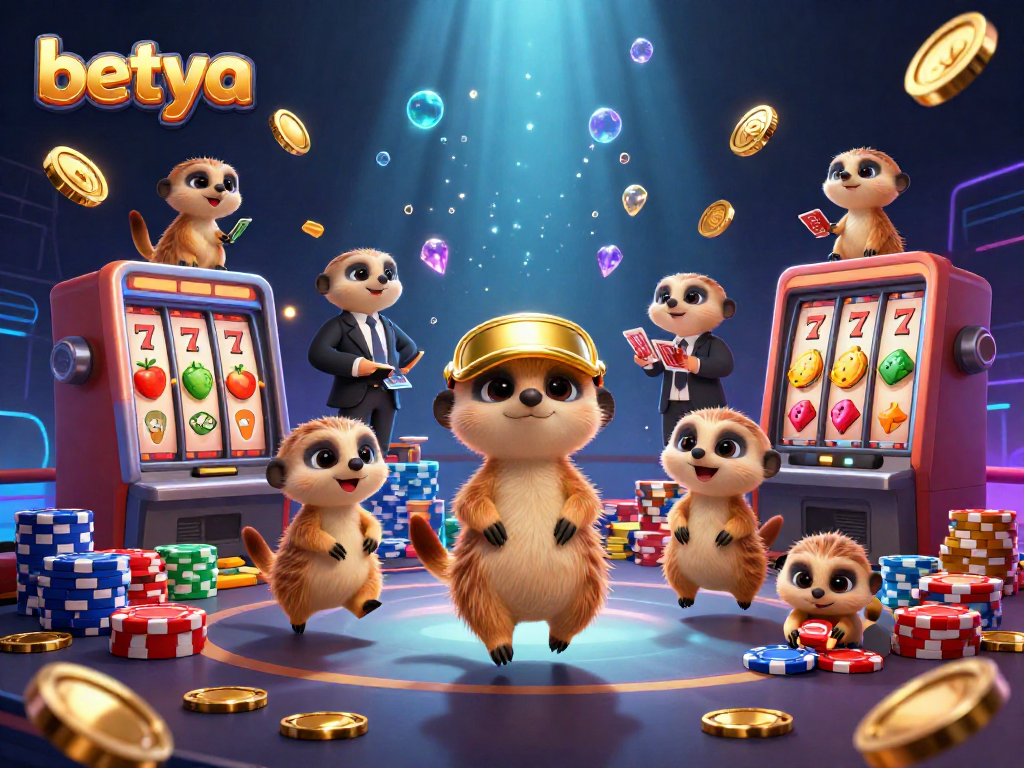 Betya showcases a lively scene of meerkats in a vibrant casino environment, featuring slot machines and casino elements.
