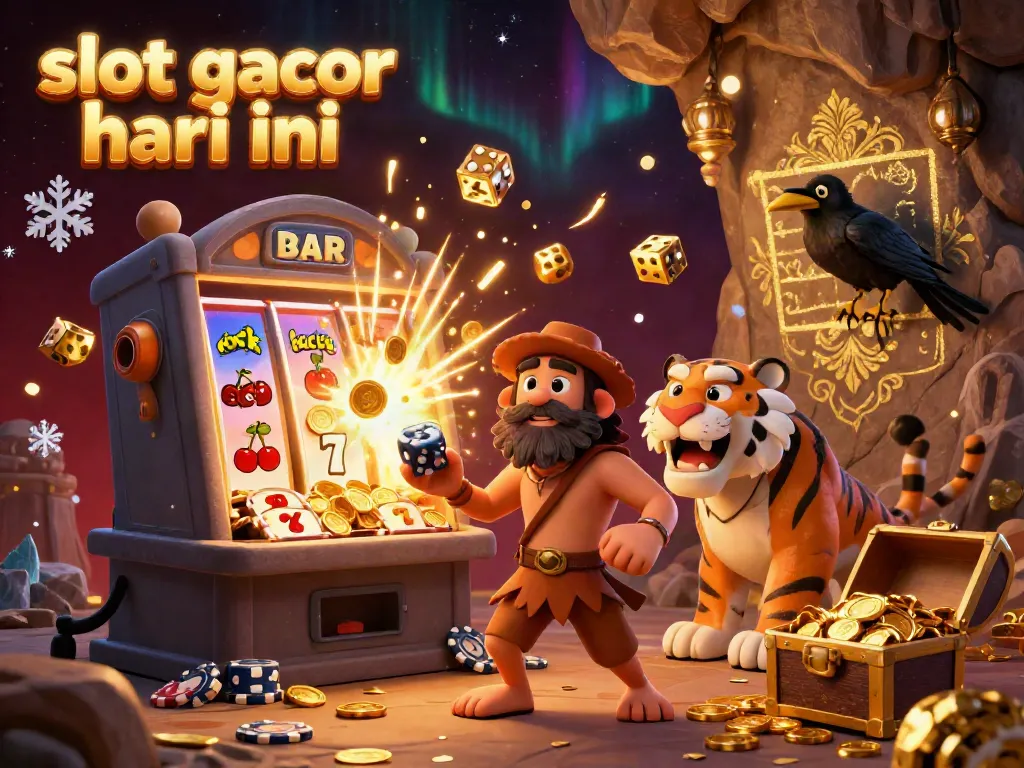Experience slot gacor hari ini with a lively prehistoric casino scene featuring a caveman, sabertooth tiger, and a scoring crow.