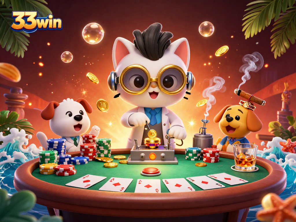 Experience the thrilling world of 33win with a vibrant 3D casino scene featuring poker elements.