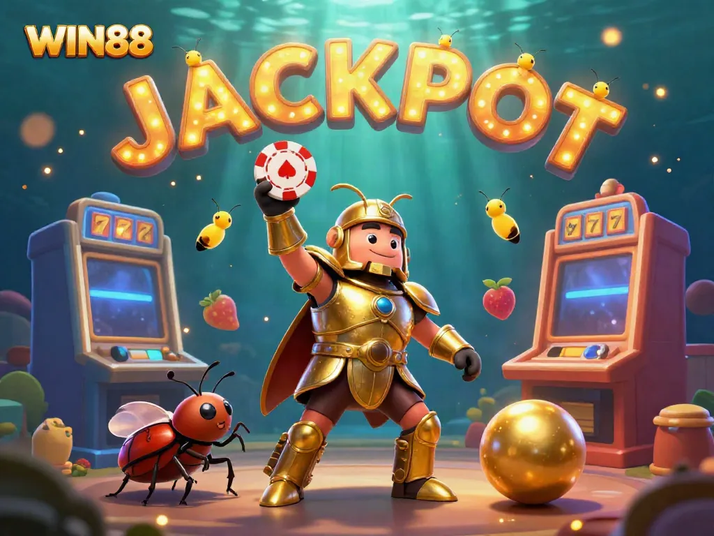 Spin to win at WIN88 with a victorious beetle in golden armor celebrating jackpot glory!