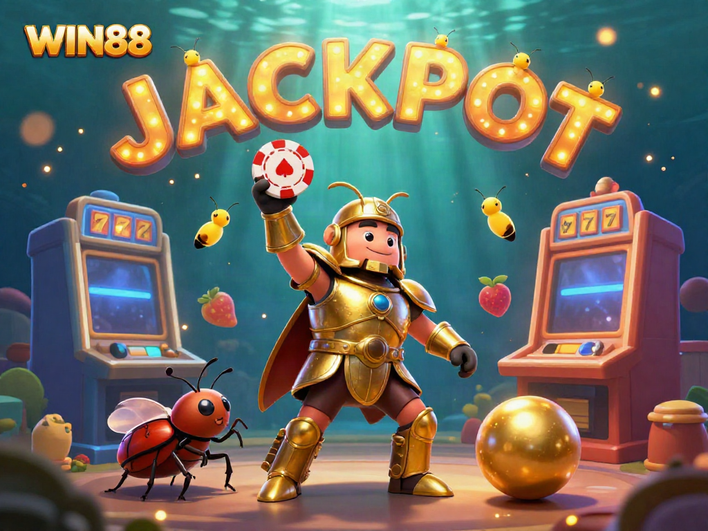 Spin to win at WIN88 with a victorious beetle in golden armor celebrating jackpot glory!