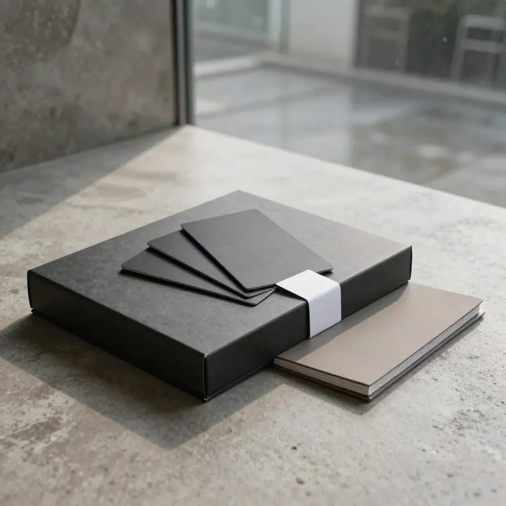 Charcoal ops review kit open on pale concrete with cards fanned and soft rain haze.