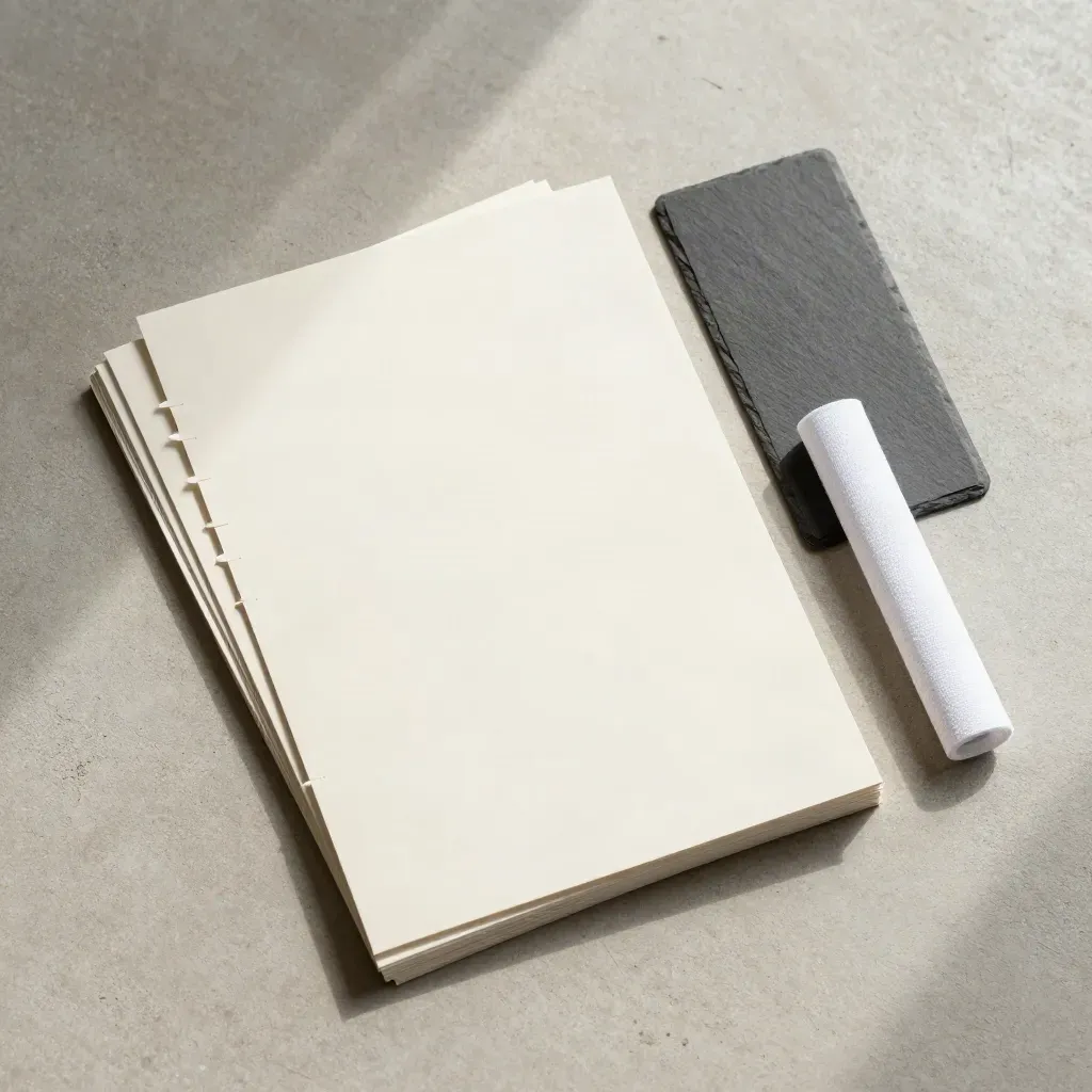 Overhead flatlay of stacked blank process templates with tabs and an elastic wrap on pale concrete.