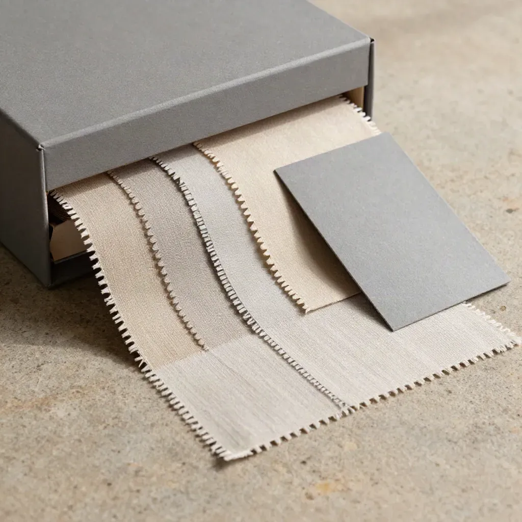 Matte gray vendor review kit with fanned swatches and folded card on stone