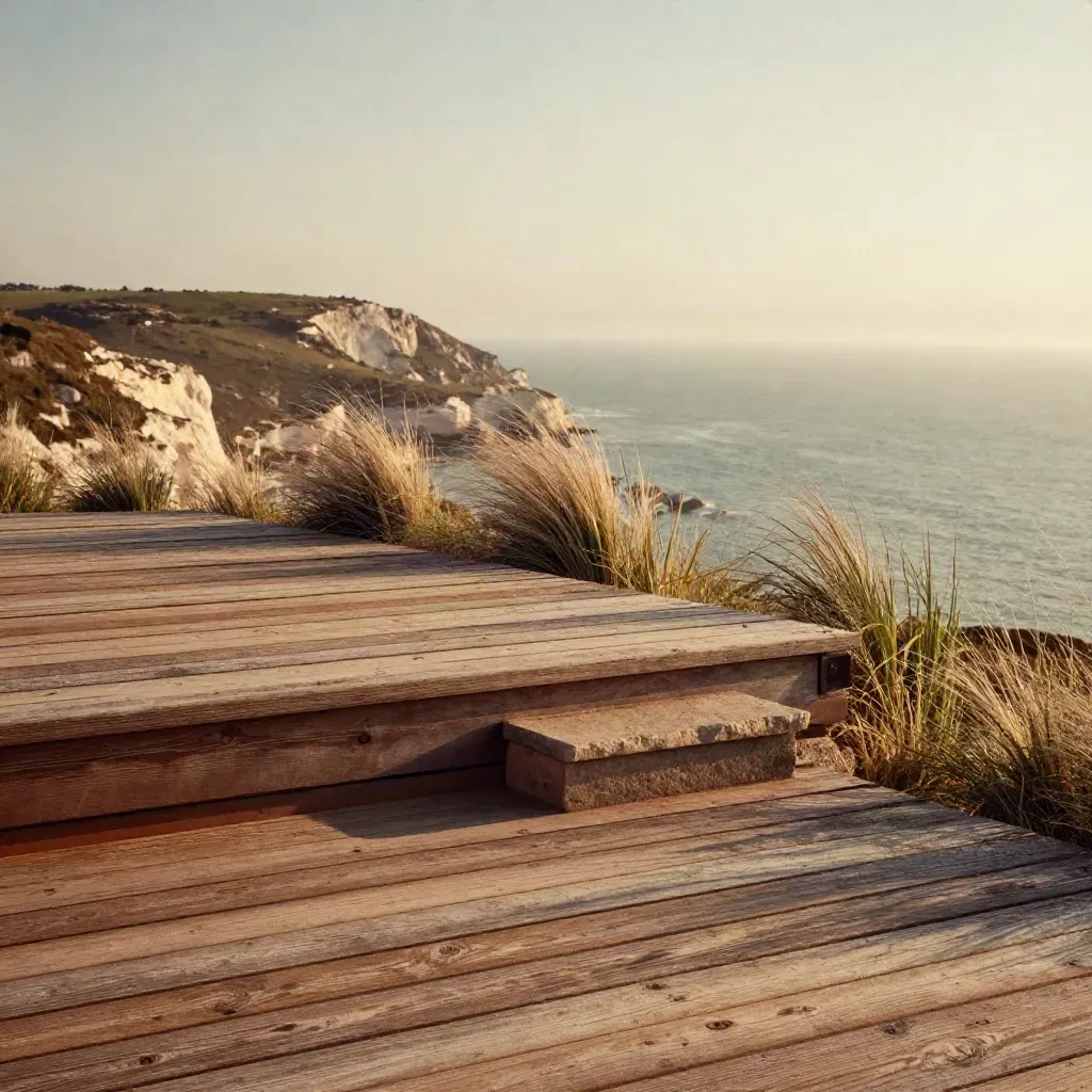 Sunlit coastal terrace above a grassy hillside with open space for copy