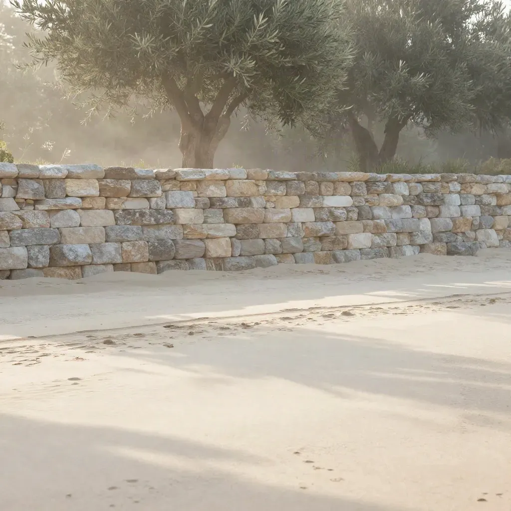 Misty sand-and-stone garden with a pale retaining wall and blurred olive canopy
