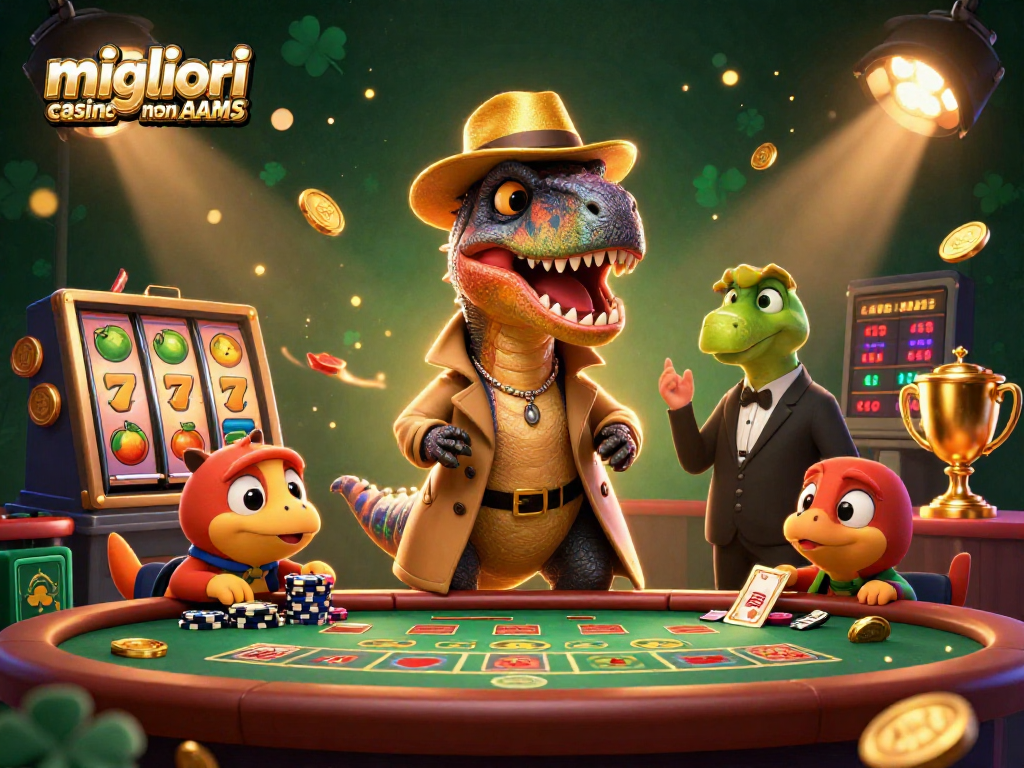 Illustrazione 3D di un velociraptor che conta le carte nei migliori casino non AAMS, circondato da simboli e gettoni.