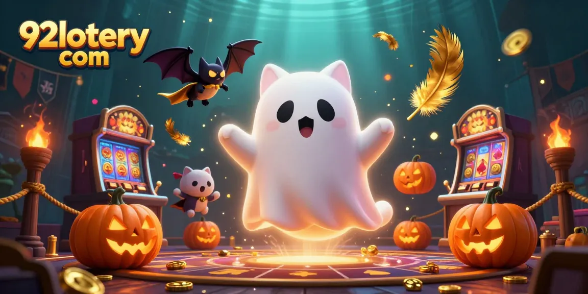 Join the excitement of 92lottery com in this vibrant casino scene with ghost cat and bat.