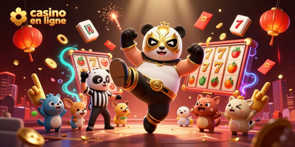 Gagnez avec le casino en ligne : panda combattant le jackpot dans une illustration 3D dynamique.