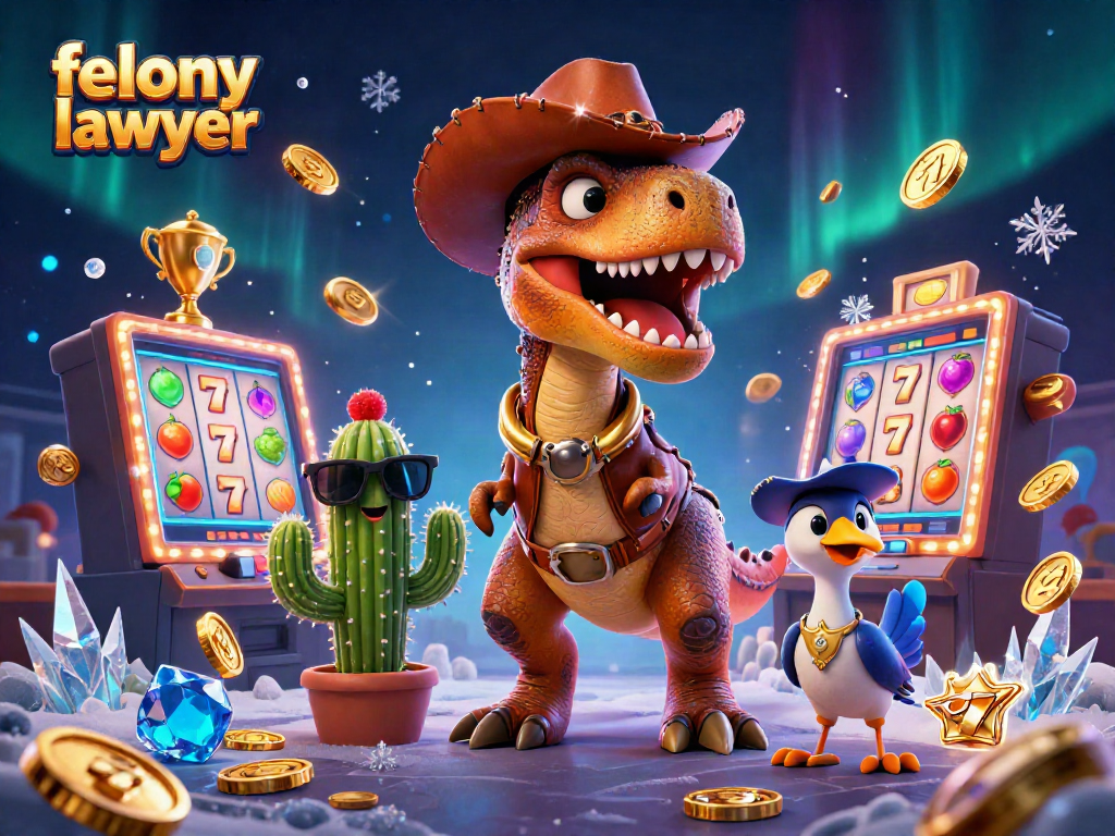 Experience vibrant casino action with a felony lawyer beside a cowboy T-Rex, slot machines, and flying gold coins.