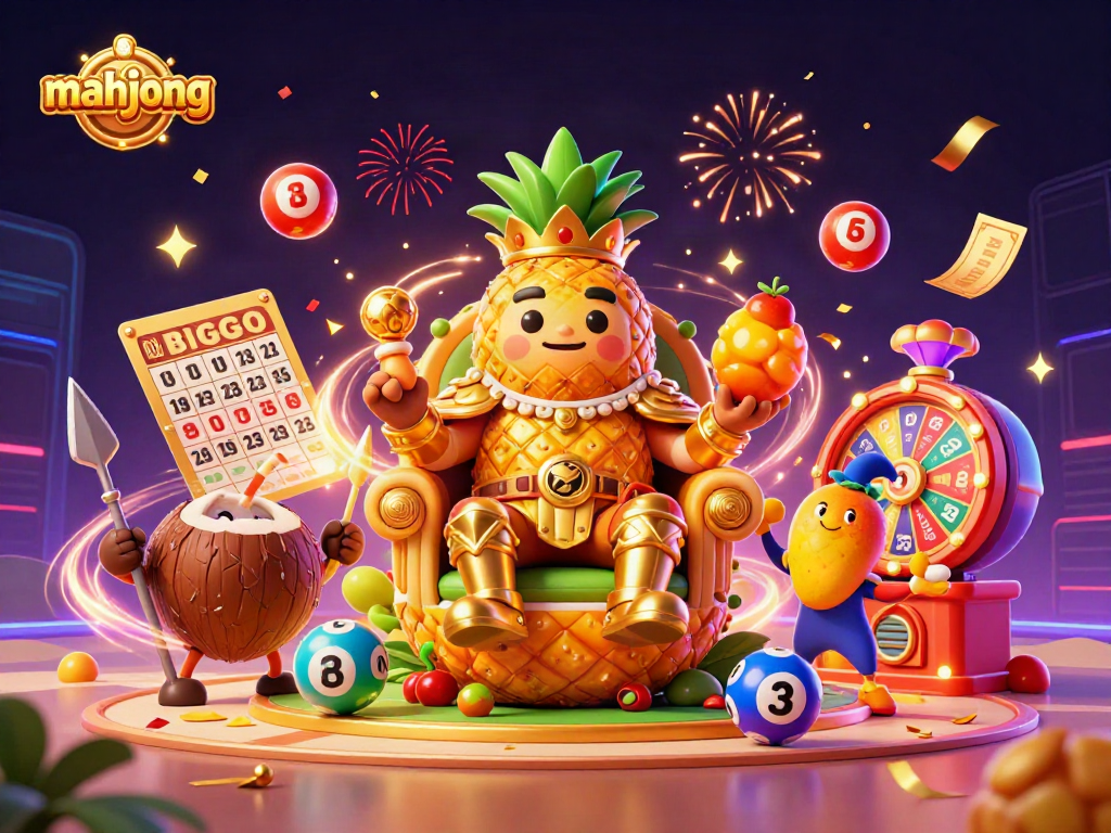 Experience Mahjong excitement with a golden pineapple king in a dynamic casino atmosphere.