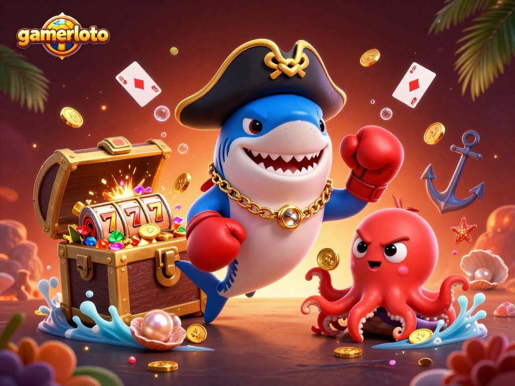Join gamerloto's thrilling adventure with a pirate shark, pufferfish, and octopus in an action-packed casino scene.