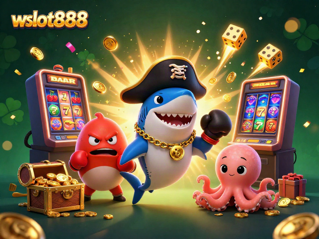 Gambarkan pengalaman bermain slot di wslot888 dengan karakter menggemaskan dan mesin slot meledak jackpot.
