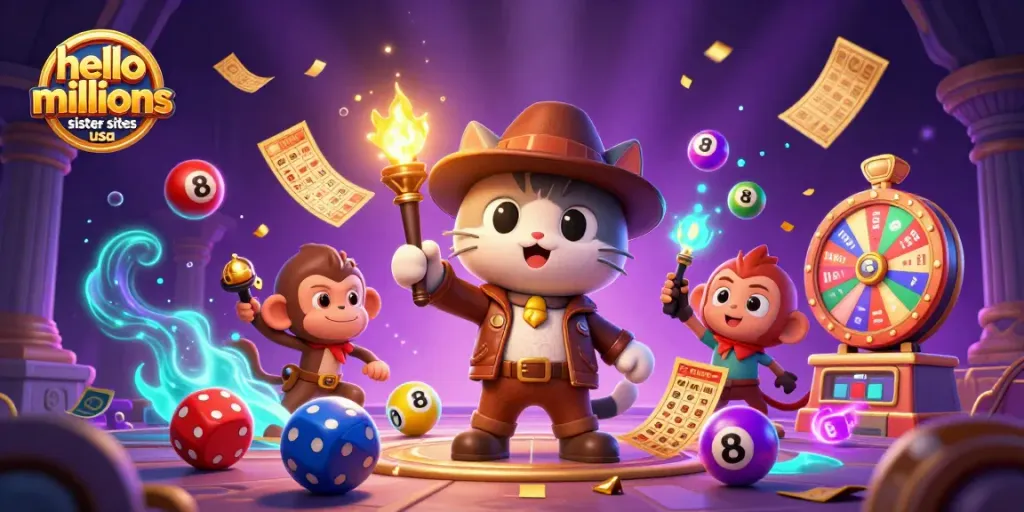 Experience the excitement of hello millions sister sites usa with various casino artifacts and colorful elements.