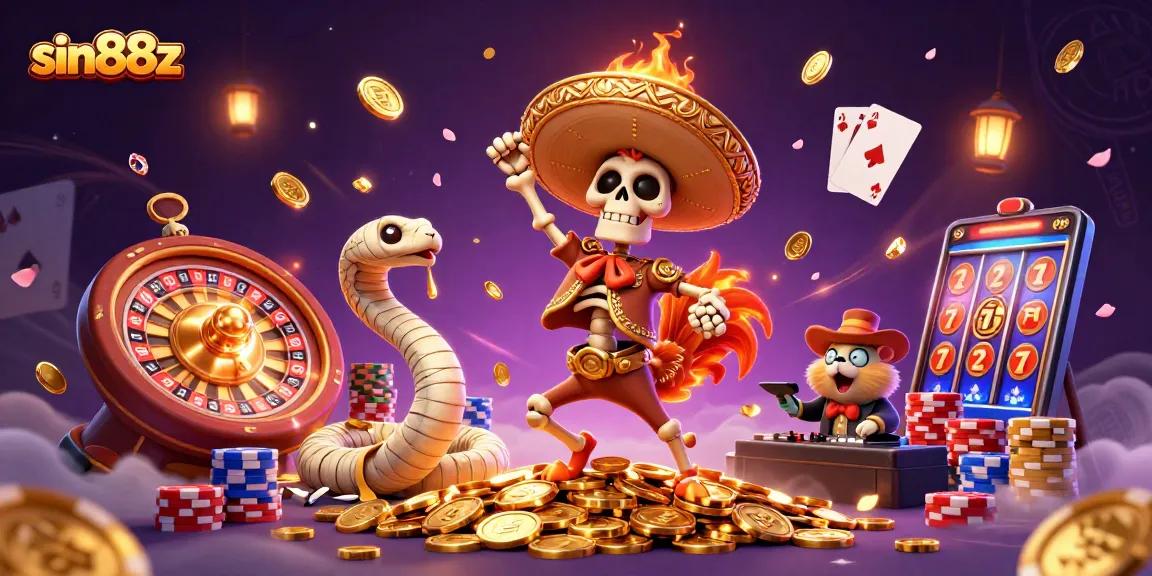 Experience the thrill of sin88z with vibrant casino characters celebrating on a treasure of gold.
