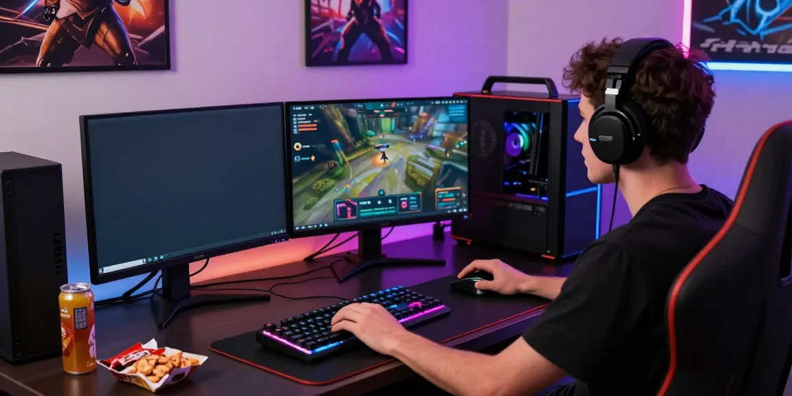 Exciting gaming scene showing a player at their workstation with dual monitors and gaming equipment on situs singatoto.