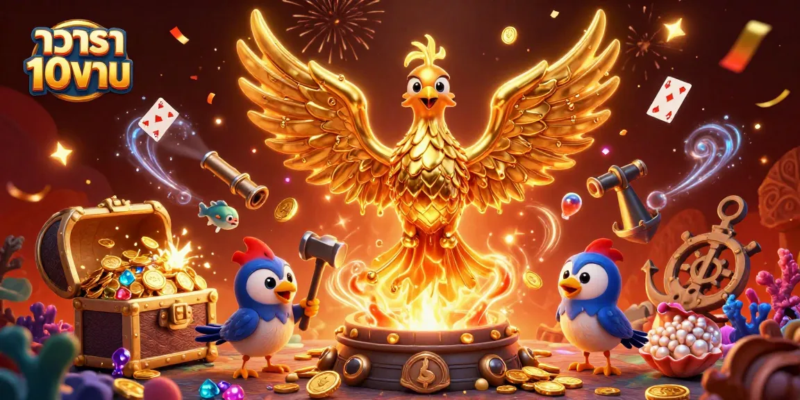 Experience the excitement of บาคาร่า 10 บาท as golden phoenix and characters celebrate with coins and gems in a vibrant casino scene.