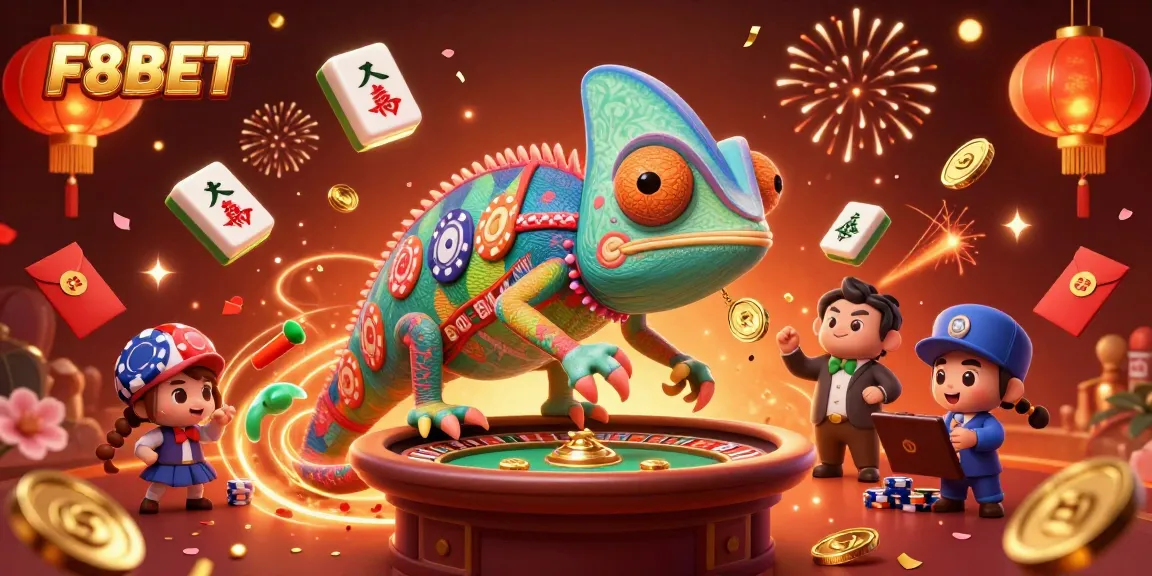 Experience the vibrant world of F8BET with a colorful casino chameleon and exciting game elements.