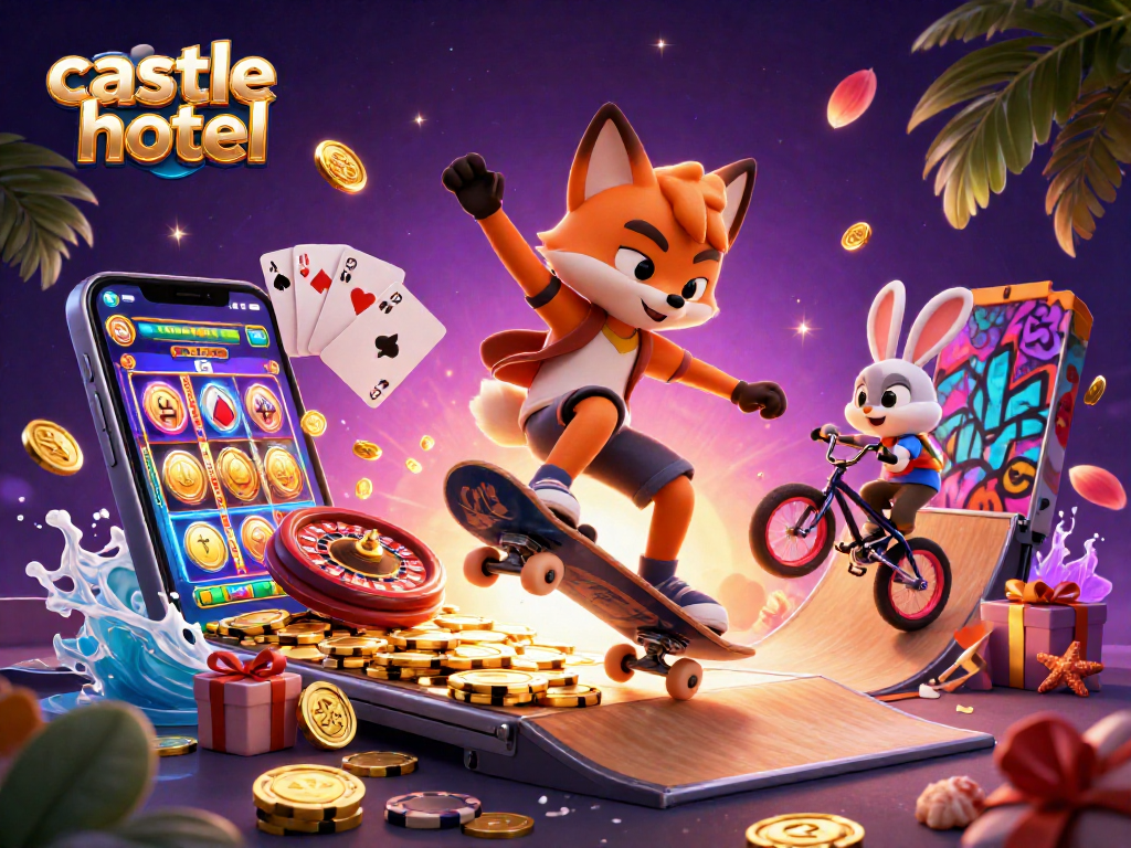 Engage with gaming excitement at castlehotel with a vibrant casino-themed scene featuring dynamic characters.