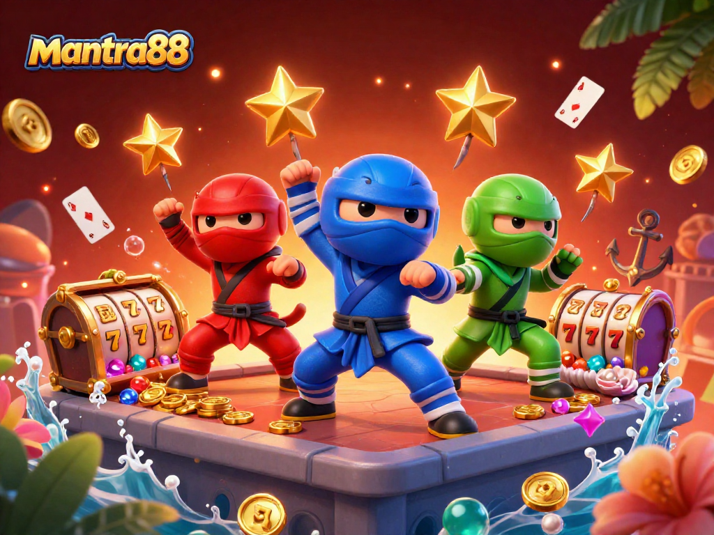 Experience the thrill of mantra88 gaming with a vibrant 3D ninja chameleon team amid exploding treasures and slot reels.