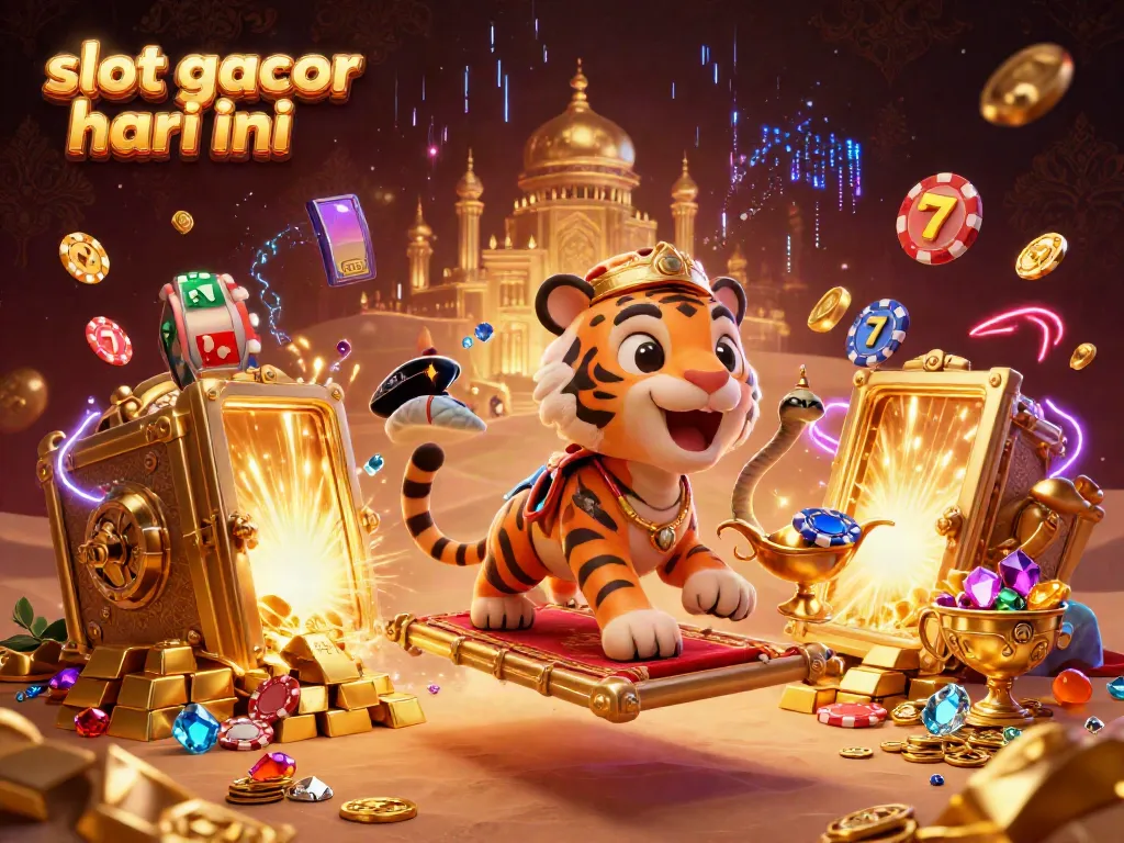 Engage in thrilling slot gacor hari ini with a dynamic and rich Arabian Nights-themed casino illustration.