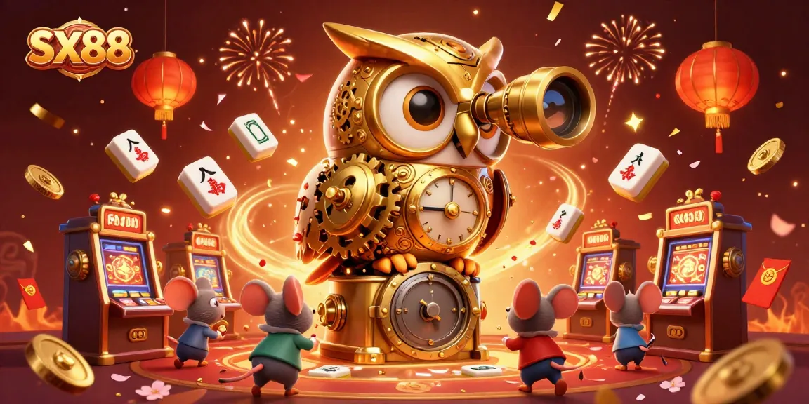 SX88 captivates with a lively casino scene, featuring a golden owl observing mouse patrons at slot machines.