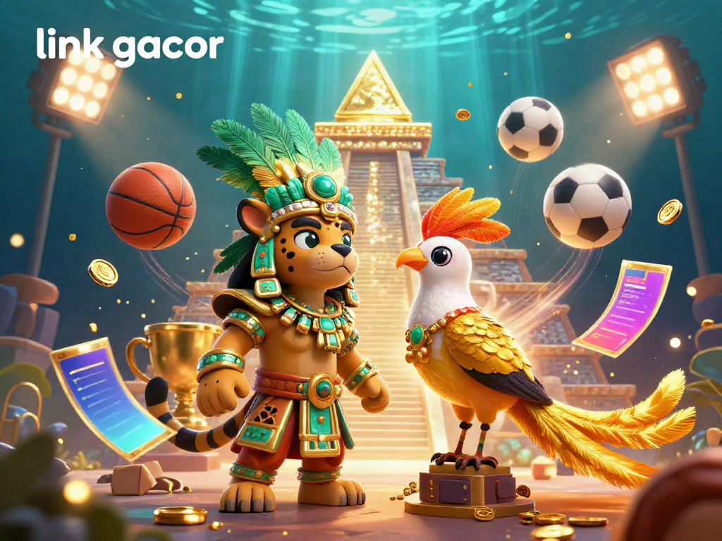 Engage in exciting gaming with link gacor, featuring a Mayan jaguar priest and sports elements in a vibrant scene.