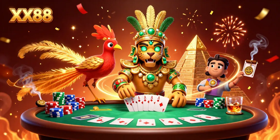 Experience thrilling gameplay at XX88 with a dynamic poker scene featuring a Mayan jaguar priest and majestic quetzal bird.