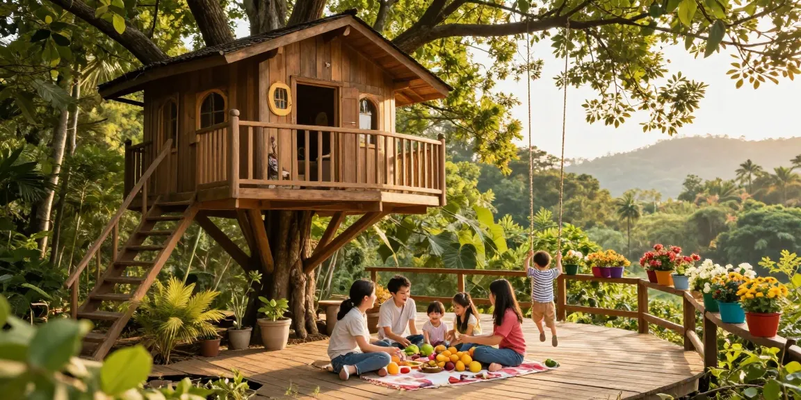 Experience tree house life with a family enjoying a picnic on a sunny wooden deck in a lush forest.