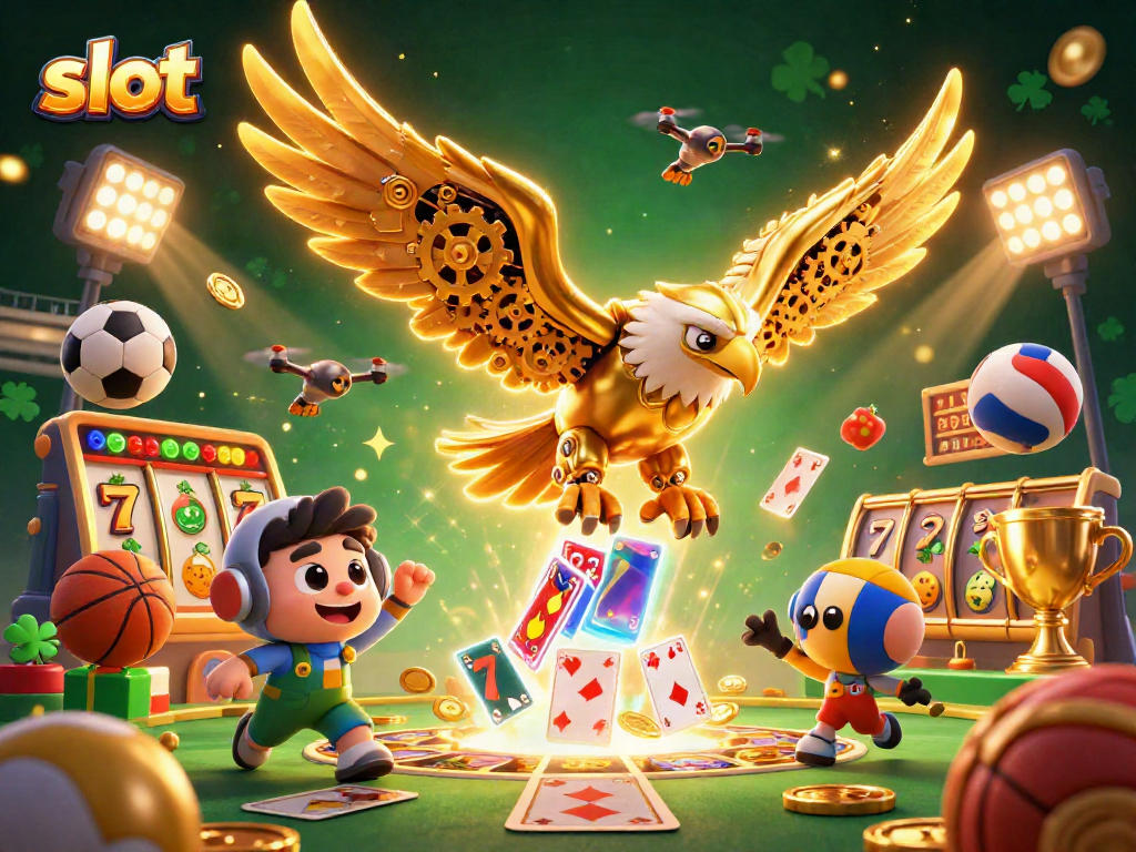 Immerse in the slot excitement with a cybernetic eagle diving through holographic reels and vibrant symbols.