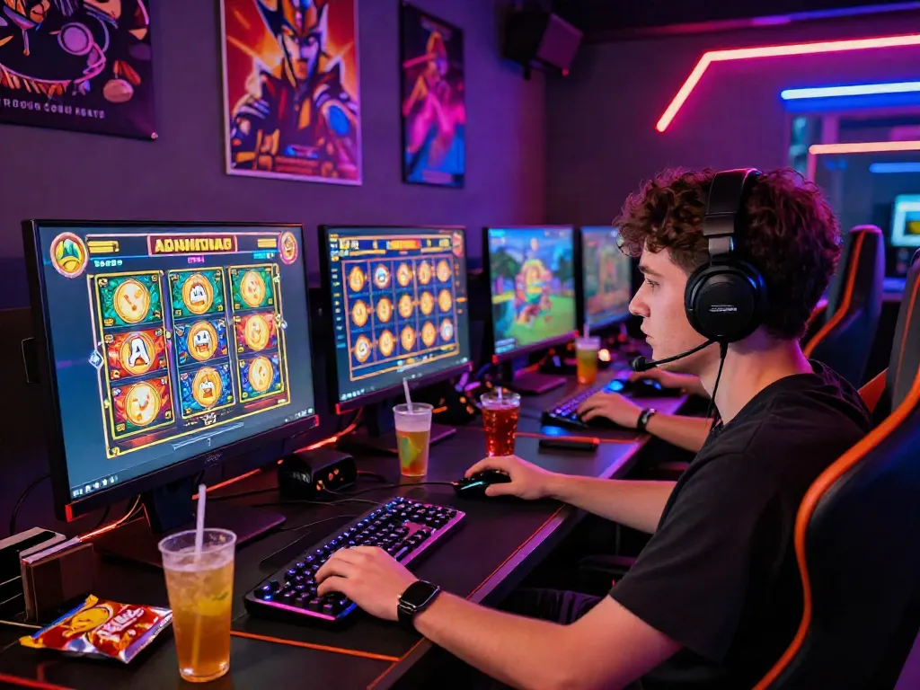 Player enjoying slot gacor games on a gaming setup, with vibrant graphics and exciting atmosphere.