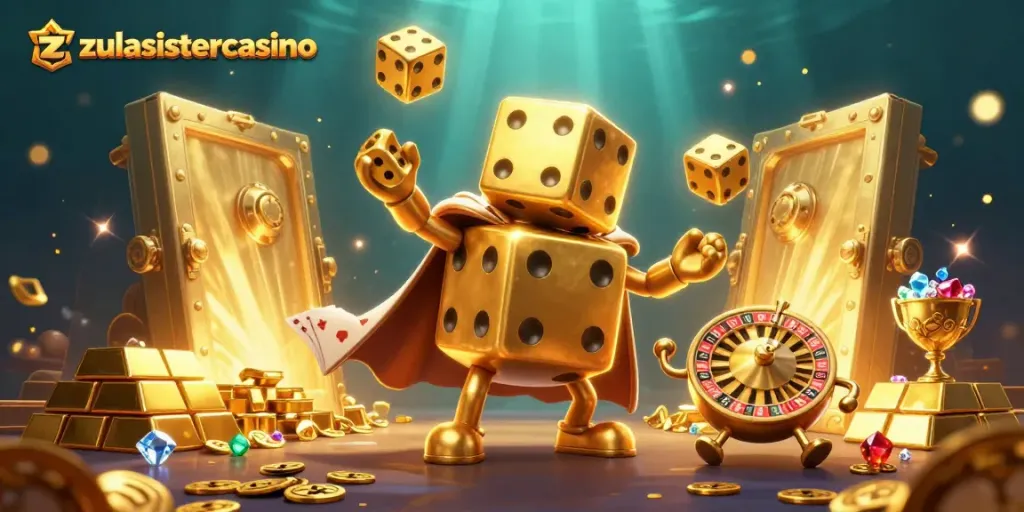 Experience the thrill of zulasistercasino with golden dice characters and exciting casino elements.
